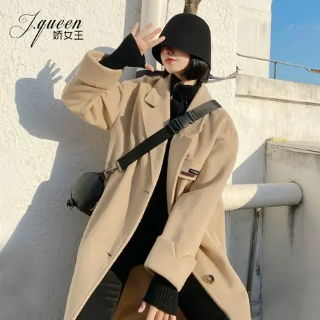 毛呢外套女加厚冬季新款流行宽松显瘦气质过膝中长款驼色呢子大衣商品大图