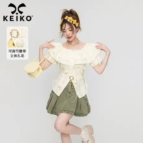 高级感复古鱼骨收腰短袖衬衫女2023夏季设计感小众荷叶领扎花上衣商品大图