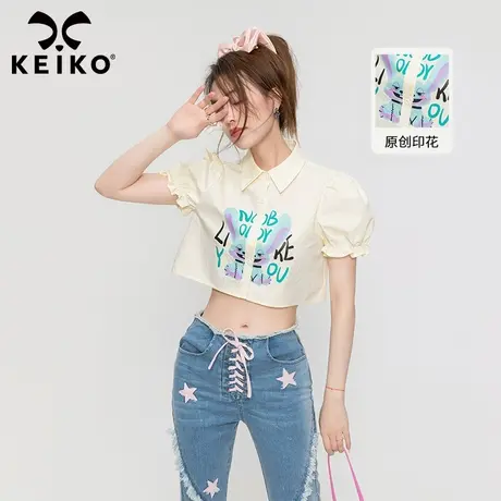 纯欲辣妹风露脐短款上衣女夏季新款高腰露腰显瘦泡泡短袖印花衬衫商品大图