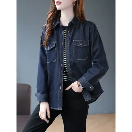 宝诗黎翻领单排扣开衫上衣宽松时尚女装2023秋季新款棉质牛仔外套商品大图