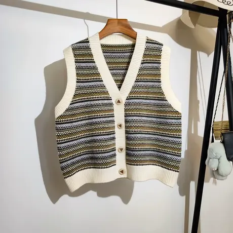 条纹针织马甲开衫女秋冬新款v领复古百搭无袖坎肩毛衣背心外穿潮图片