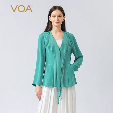 VOA30姆米重磅真丝桃心领长袖拼接活页不对称尖角摆桑蚕丝外套商品大图