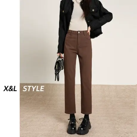 咖色窄版直筒牛仔裤女秋冬季2023年新款高腰显瘦九分烟管法棍裤子图片