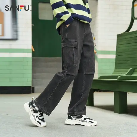 三福2023冬男士工装口袋磨毛牛仔裤 潮流宽松直筒长裤男478787商品大图