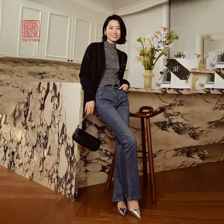 EP雅莹高端系列 重工牡丹刺绣羊绒加绒牛仔裤 2023秋冬新款J604A图片