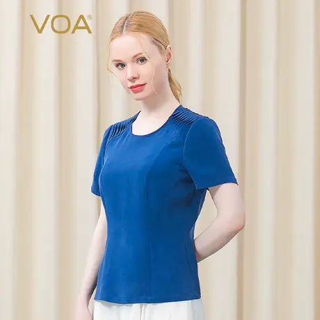 VOA重磅真丝牛仔蓝圆领立体扭褶短袖做旧磨砂30姆米厚桑蚕丝t恤图片