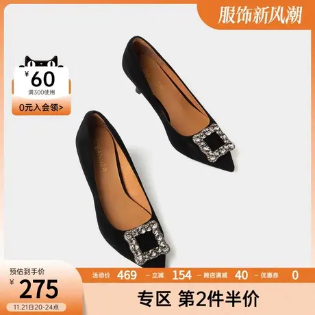 千百度时髦羊绒高跟鞋尖头精致方扣时装鞋细跟优雅约会宴会单鞋图片