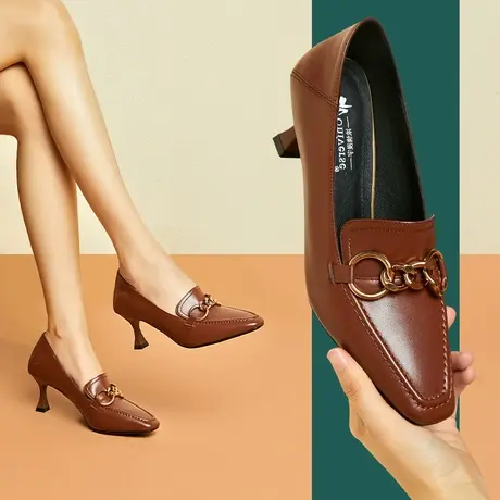 秋季新款里外真皮方头细跟单鞋女棕色中口欧美职业工作皮鞋女商品大图