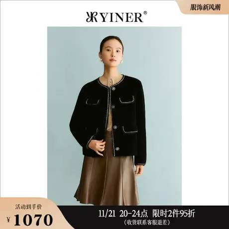 YINER音儿线上专选女装2023冬季保暖撞色圆领休闲短毛呢外套商品大图