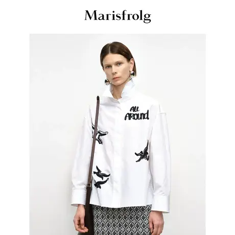 【艺术匠坊】玛丝菲尔秋季白色翻领时尚海鸥绣花衬衫图片