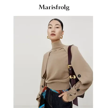 【羊毛】玛丝菲尔春季新款卡其色高领毛衣毛针织衫设计感上衣图片