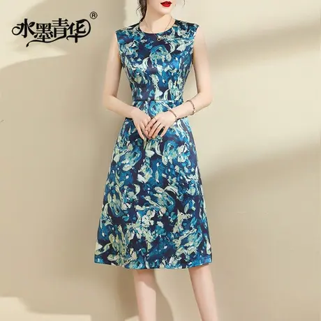 水墨青华冬装新品百搭背心裙修身显瘦醋酸绒印花无袖连衣裙商品大图