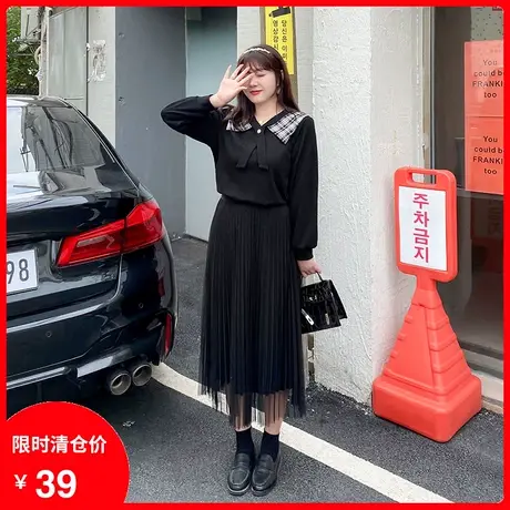 【清仓】新款拼接格子减龄海军领显瘦套头针织胖MM气质大码上衣女商品大图