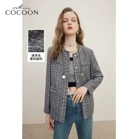 MISSCOCOON老钱风小香风2023冬装新款女垫肩设计金属扣短外套商品大图