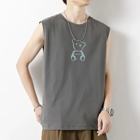 纯棉背心男潮小熊无袖t恤宽肩夏季外穿健身运动全棉坎肩篮球跨栏图片