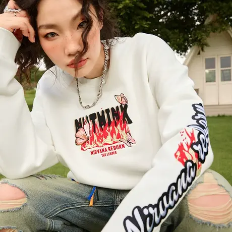 Nuthink国潮宽松无帽刺绣火焰卫衣潮牌男春季款2023新款上衣男款商品大图