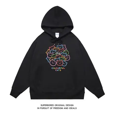 春秋季连帽卫衣男趣味卡通猫咪印花秋冬潮牌宽松休闲上衣情侣装商品大图