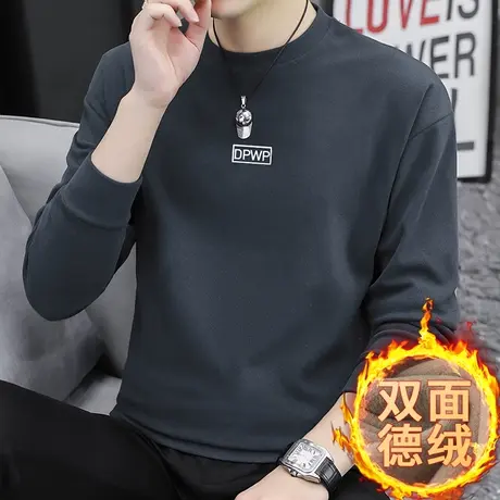 德绒卫衣男秋冬款保暖圆领套头无帽上衣服双面绒长袖t恤潮流百搭商品大图
