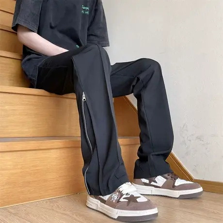 侧边拉链潮流纯色冰丝休闲裤男春夏季薄款阔腿宽松西裤直筒裤子男商品大图
