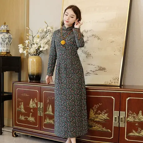 筠雅长袖旗袍改良棉旗袍长款新款高端年轻妈妈装复古民国风女装商品大图