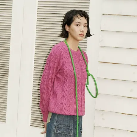 omont蛋挞家 复古休闲圆领绞花套头初恋毛衣女宽松长袖针织衫秋冬商品大图