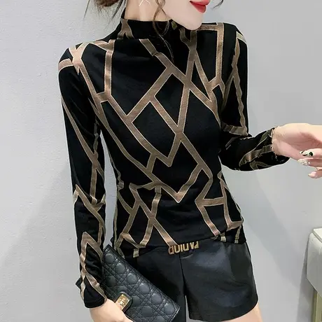 半高领打底衫女春秋2024新款加绒加厚长袖T恤修身洋气内搭上衣潮t商品大图