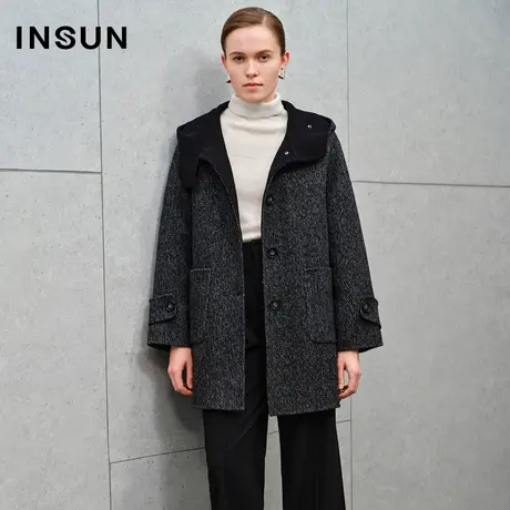 INSUN恩裳线上专选冬季大贴袋提花呢纯羊毛毛呢大衣商品大图