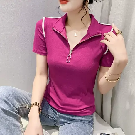 欧货拉链翻领T恤女短袖时尚洋气网红上衣设计感夏装修身百搭小衫图片