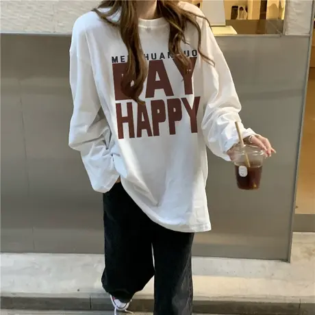 秋冬薄款宽松字母印花纯棉长袖T恤女原宿风上衣女士百搭打底衫潮商品大图