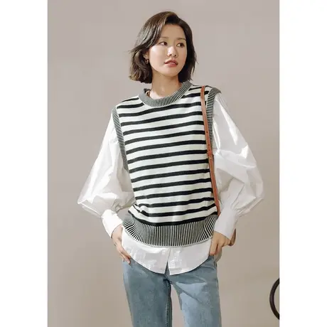 弥古法式条纹毛衣马甲女秋冬内搭外穿小坎肩马夹叠穿圆领针织背心商品大图