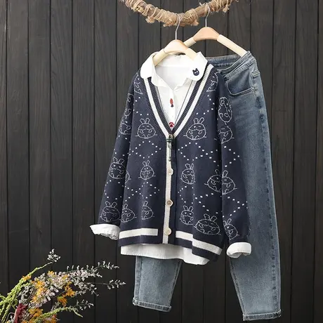 女装2022新款秋季宽松V领长袖针织开衫文艺提花休闲毛衣外套上衣图片