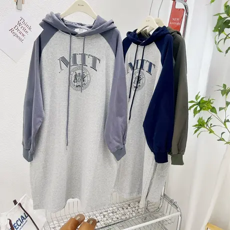 韩国东大门秋冬连衣裙复古美式印花慵懒休闲连帽长款卫衣宽松外套商品大图