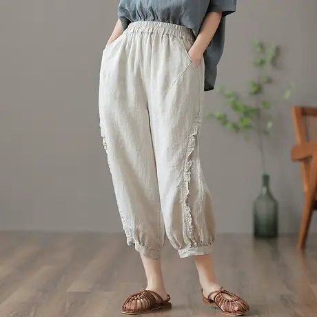 dza 高腰显瘦棉麻灯笼裤子女夏薄款休闲九分宽松阔腿裤亚麻萝卜裤图片