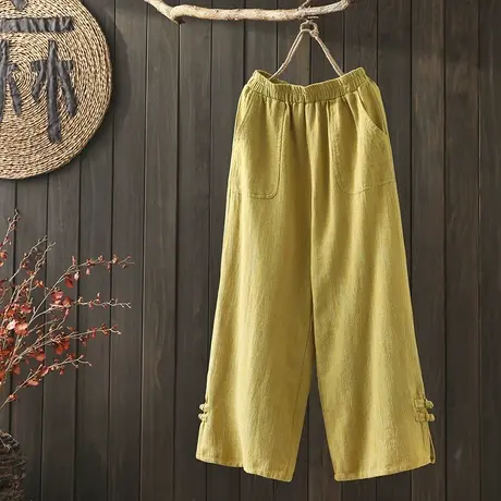 枫谜2019年春装新款 文艺复古 盘扣棉麻阔腿裤女宽松休闲亚麻裤子图片
