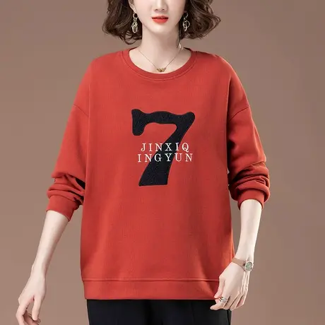 妈妈圆领卫衣女春秋季薄款宽松加肥加大码女装中老年休闲显瘦上衣商品大图