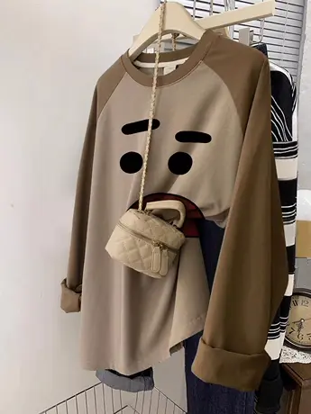 韩版chic长袖T恤女春秋季大码内搭上衣潮ins纯棉慵懒风薄款打底衫商品大图