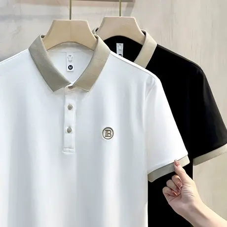 男装夏季新款短袖polo衫冰丝珠地保罗衫金线撞色翻领男士半袖t恤图片