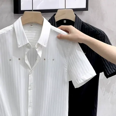 衬衫男痞帅夏季薄款半袖潮流短袖上衣修身五分中袖冰丝暗条纹衬衣商品大图