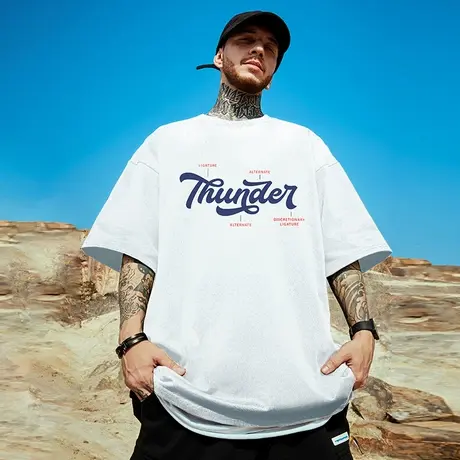 夏季美式字母短袖t恤男街头涂鸦潮牌纯棉重磅白色半袖潮大码男装商品大图