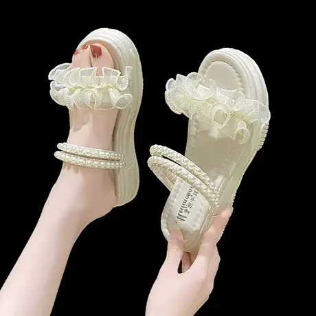 夏季配裙子两穿凉鞋女外穿仙女风2023新款珍珠厚底百搭一脚蹬凉拖商品大图