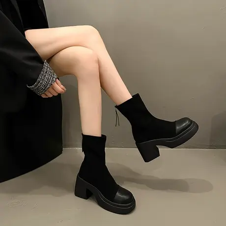 高跟鞋女靴子粗跟短靴2023年新款秋冬季加绒厚底瘦瘦靴黑色马丁靴商品大图