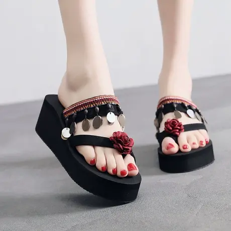 民族风网红拖鞋女夏时尚外穿高坡跟厚底沙滩凉防滑海边花朵人字拖图片
