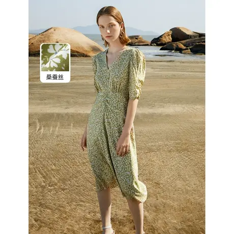 朗姿桑蚕丝复古碎花裙显瘦气质显瘦绿色连衣裙2023年奥莱夏季裙子商品大图