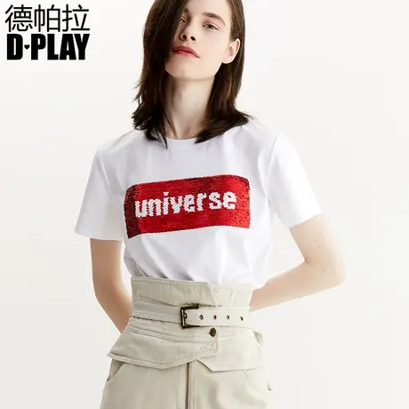 DPLAY德帕拉夏新品欧美白色圆领亮片短袖字母T恤休闲女上衣商品大图