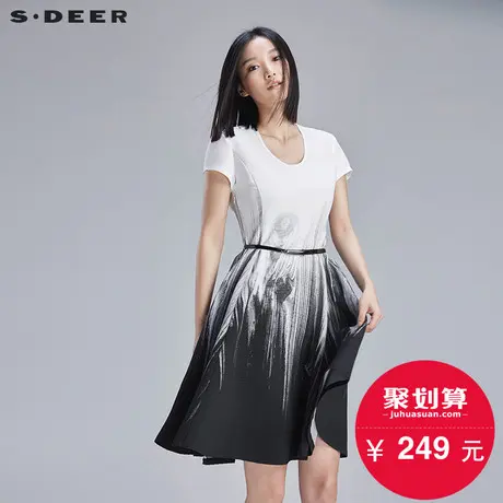 【新品】sdeer圣迪奥女夏优雅抽象流动感印花束腰连衣裙S16281267图片