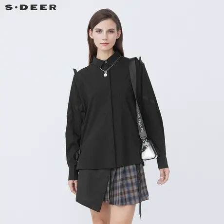 sdeer圣迪奥春装休闲翻领织带拼接黑色长袖衬衫S21380503图片