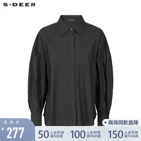 sdeer圣迪奥22春夏新品休闲翻领英伦条纹宽松长袖衬衫女S221Z0510图片
