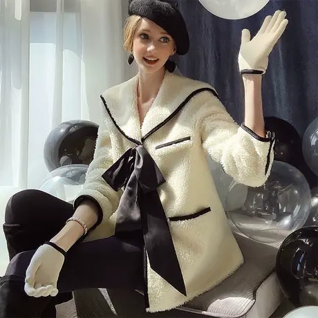 【直播限时抢购】粉红大布娃娃减龄披肩小领结撞色镶边皮草商品大图