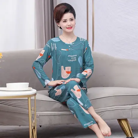 北极绒睡衣女夏棉绸套装妈妈长袖夏装长裤中老年家居服老年人造棉商品大图
