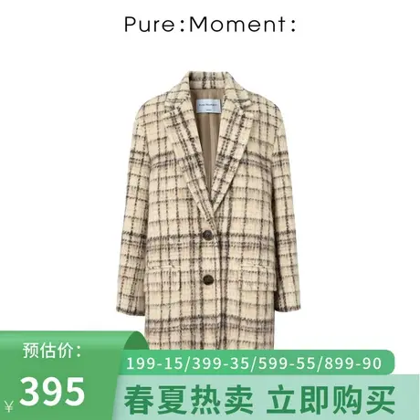 Pure:Moment/毛呢外套女2021年秋冬格子单排扣翻领中长款呢子大衣商品大图